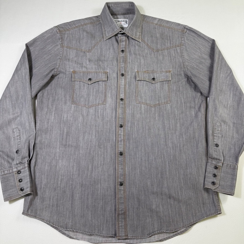 Schaefer Outfitter Denim Western Shirt Men LT Grey Cotton Pearl Snap Long Sleeve
